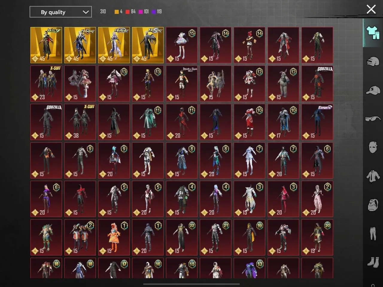PGM266 Pharaoh X-Suit Lv.5, M416 Jester/Glacier FULL, 4 Gold Suits, McLaren+3 Dodge/City Cars, 100+ Mythics, 40+ Evos (G)